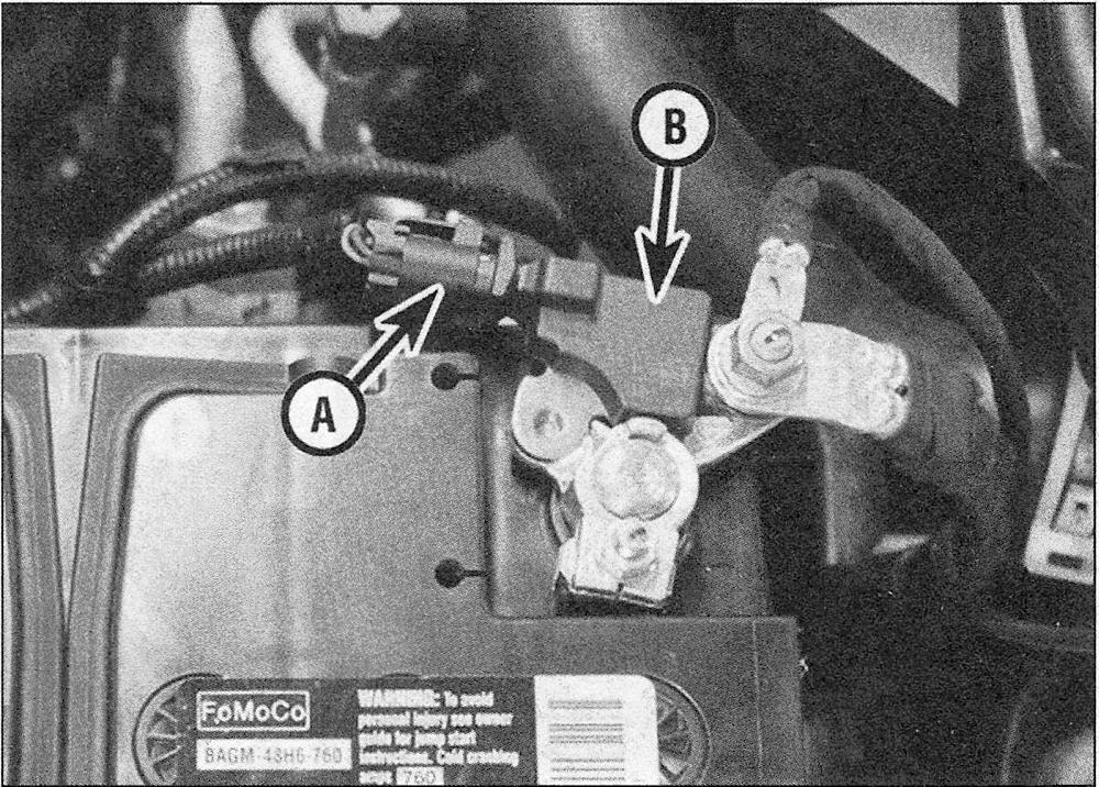 Ford F150 Engine electrical systems _Battery cables and sensors - replacement _ Battery monitoring sensor electrical connector (A) and sensor (B)